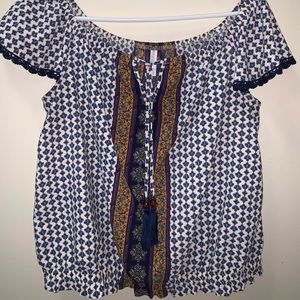 Blue Patterned Off the Shoulder Top